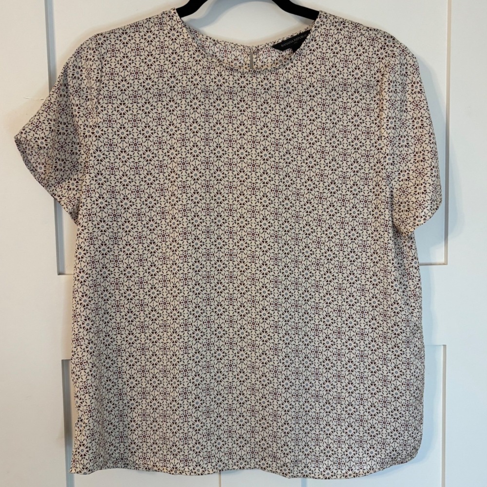 Banana Republic Womens Small Short Sleeve‎ Geometric Mosaic Print Blouse Cream